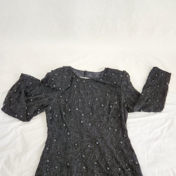 Vintage JOAN LESLIE Hollywood-Fairy-Tale Beaded Black Silk Sheath Dress Size 10. - Picture 10 of 16